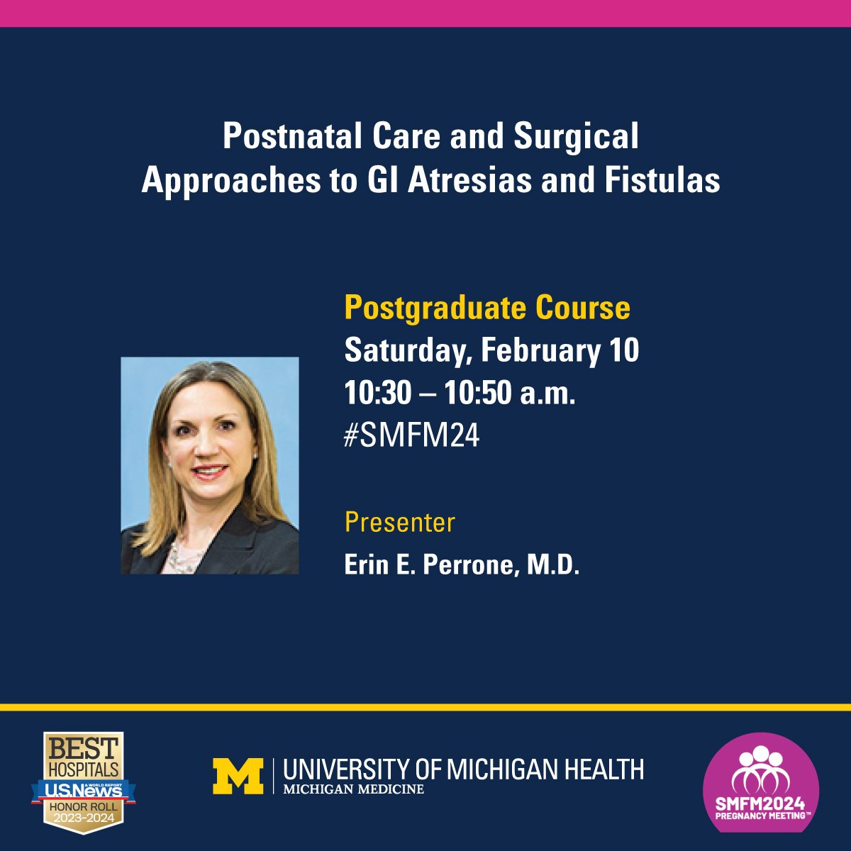 Pediatric and fetal surgeon (and one of our @MottDocs) @perrone_erin shares her research on postnatal care and surgical approaches to GI atresias and fistulas: michmed.org/L1yja. #MaternalFetalMedicine #SMFM24