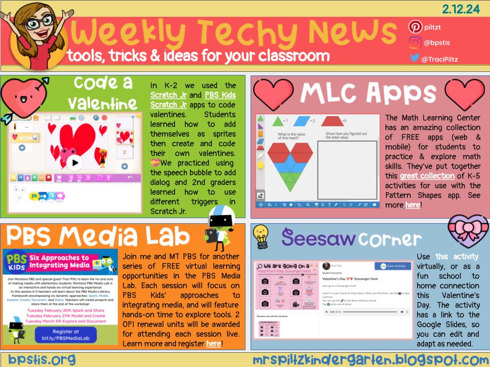 📰Weekly Tech-y News📰 💝Code a valentine with @ScratchJr 🩷Activities you'll LOVE from @MLCmath 💻Join us for free @MontanaPBS Media Lab workshops 🔎Valentine's Day scavenger hunt in @Seesaw ➡️bit.ly/4bvjdCF⬅️