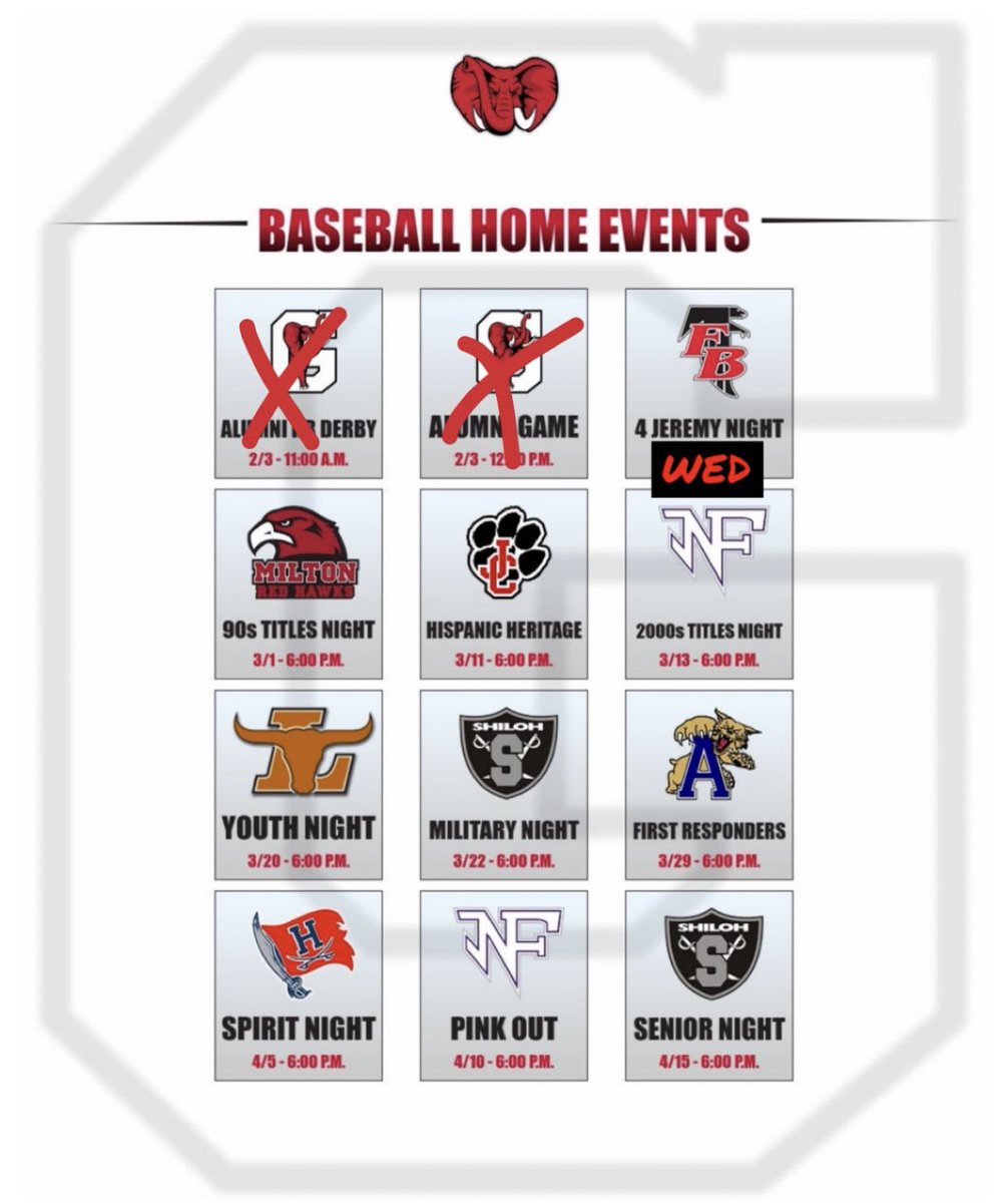 RedElephant_BSB's tweet photo. Monday (2/12) season opener at home vs Flowery Branch has been moved to Wednesday (2/14) at 6:00. We will still have pre-game ceremony to honor the life of Jeremy Medina. Our season opener will now be Tuesday at Prince Ave at 6:00. #RedElephantBaseball #GBR #GoBigRed #JM4 https://t.co/EDHNsdQdWB