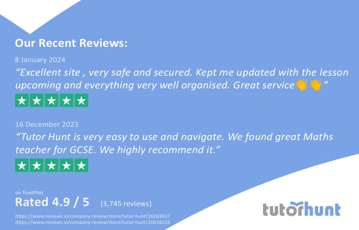 tutorhunt's tweet image. Tutor Hunt has received an average rating of 4.9 out of 5 on Trust Pilot, backed by more than 3,700 reviews from satisfied parents.
