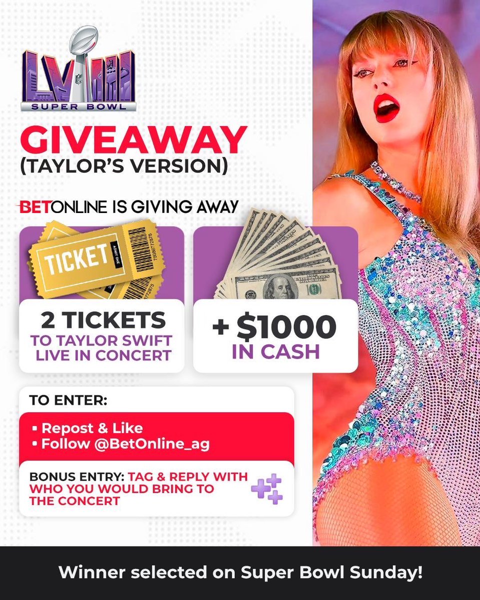 BetOnline_ag's tweet photo. 🏈🎟️💵 Super Bowl giveaway 💵🎟️🏈

(1) winner will be randomly selected after the Super Bowl to win 2 Taylor Swift tickets and $1,000 cash 🤑

Every repost of our Taylor Swift #SuperBowl props all weekend will earn you an extra entry 🔥

Also enter on IG:
https://t.co/hWOymu33Ks https://t.co/tVSdROLaMy