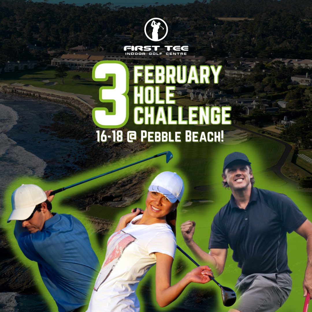 February 3-Hole Challenge!
All month long take on Pebble Beach’s 16th-18th and see how you stack up!

Top scores will split the entry pool while all who play will be entered to win draw prizes!

Ask our team when you’re in about playing!