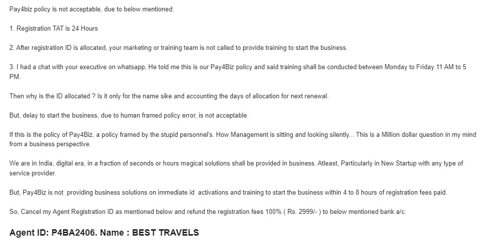CASHMART8's tweet photo. @pay4biz @TwitterIndia @MCA21India @SEBI_India @RBI Cheating by Pay4Biz is collecting agent registartion fess and allocating id after 18 hours. Training is not provided by them in continiuation. They are publishing 24X7 service. But Training scheduled for Mon to Fri - 11AM to 5PM https://t.co/UyH5nWRPRi