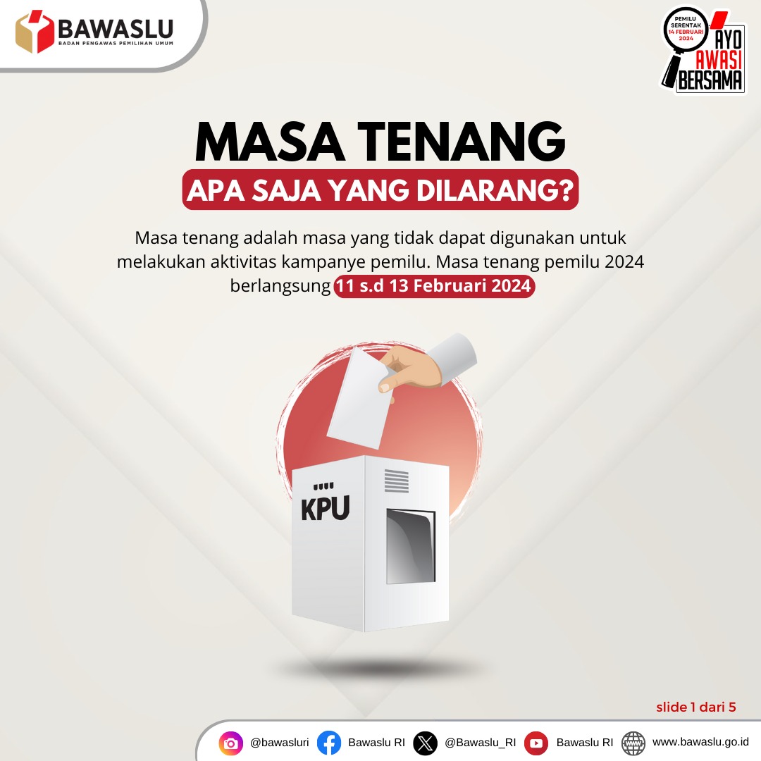 bawaslu_RI's tweet photo. #SahabatBawaslu, hanya tinggal hitungan jam kita akan masuk masa tenang Pemilu 2024. Hati-hati, yah. Ada hal-hal yang dilarang dilakukan pada masa tenang. 

#MasaTenag
#Pemilu2024
#AyoAwasiBersama https://t.co/64yY5RWf2B