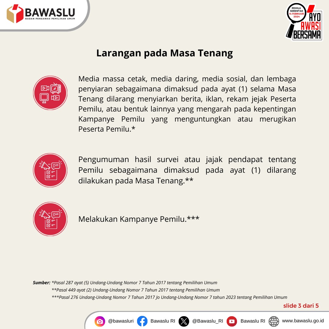 bawaslu_RI's tweet photo. #SahabatBawaslu, hanya tinggal hitungan jam kita akan masuk masa tenang Pemilu 2024. Hati-hati, yah. Ada hal-hal yang dilarang dilakukan pada masa tenang. 

#MasaTenag
#Pemilu2024
#AyoAwasiBersama https://t.co/64yY5RWf2B