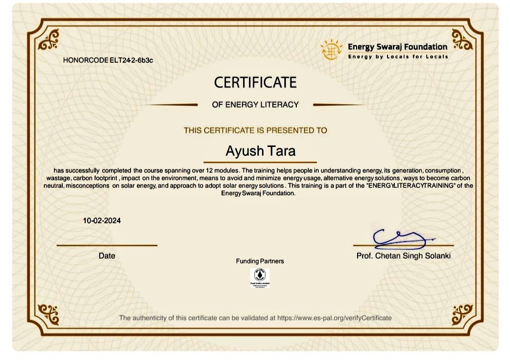 Today I completed the Energy Literacy Training course by designed and delivered by Prof. @DrChetanSolanki and Energy Swaraj Foundation. As a researcher in the field of solar cells, I pledge to follow the Avoid, Minimise and Generate (AMG) model.
#energyliteracy #energyswaraj