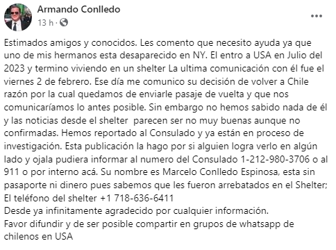 Serginho_Baia's tweet photo. Amigos necesito ayuda para mi mejor amigo que perdió a su Hermano en NY hace 8 dias.
Si pueden dar RT para que alguien por allá nos pueda ayudar a encontrarlo, lo agradecería infinitamente.
La familia está devastada. 😢 https://t.co/3G7GUh1VWd