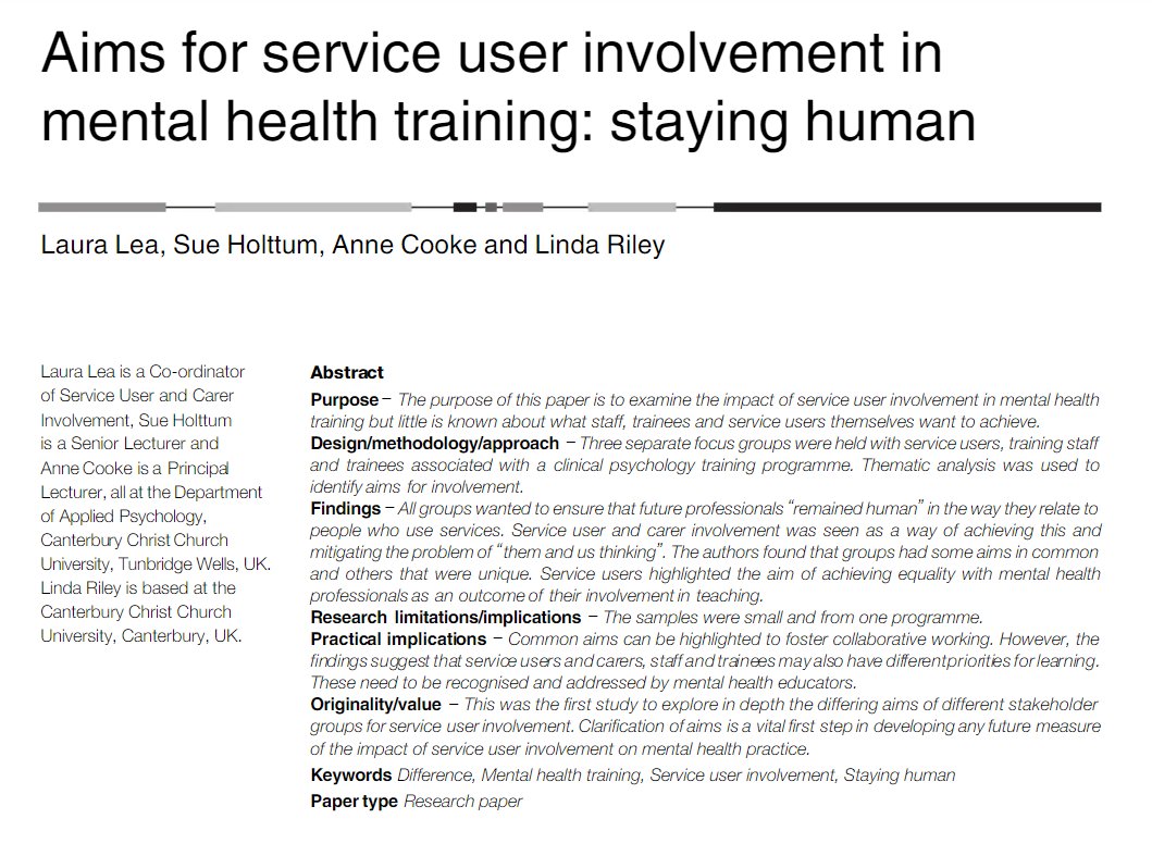 Aims for service user involvement in training - staying human. academia.edu/28599302/Aims_…