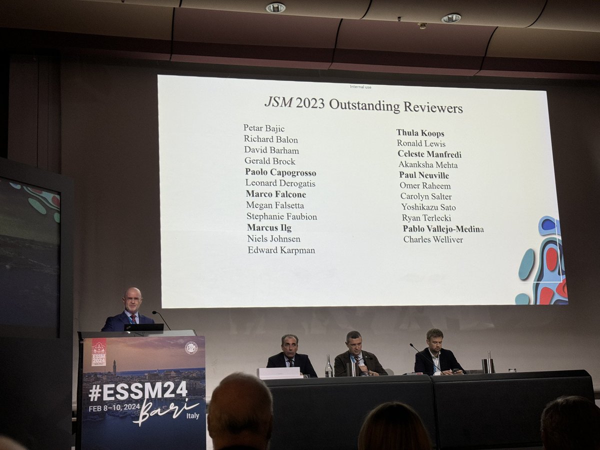 ManfrediCeleste's tweet photo. What honor to see my names soo many times on the screen during the  #ESSM2024. This year was fantastic: member of #ScientificCommitte , platinum reviewer of #JSexMed for the third time, lead author of the ESSM position statements on the use of #stemcells in MSD. Thanks everyone! https://t.co/B6eMaX96gP