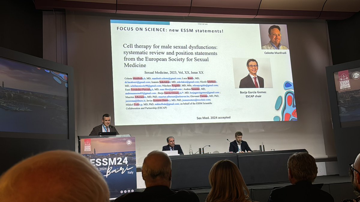 What honor to see my names soo many times on the screen during the #ESSM2024. This year was fantastic: member of #ScientificCommitte , platinum reviewer of #JSexMed for the third time, lead author of the ESSM position statements on the use of #stemcells in MSD. Thanks everyone!