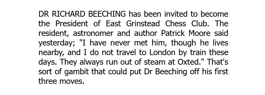 EGChessClub's tweet photo. Looking Back: This snippet appeared in the Daily Mirror on Monday, 13th May 1963. It's fair to say that they didn't subsequently become good friends. Patrick, who co-founded the club, was a County Class chess player, but I imagine that Dr Beeching went in for a lot of sacrifices. https://t.co/oLwpfVEojE