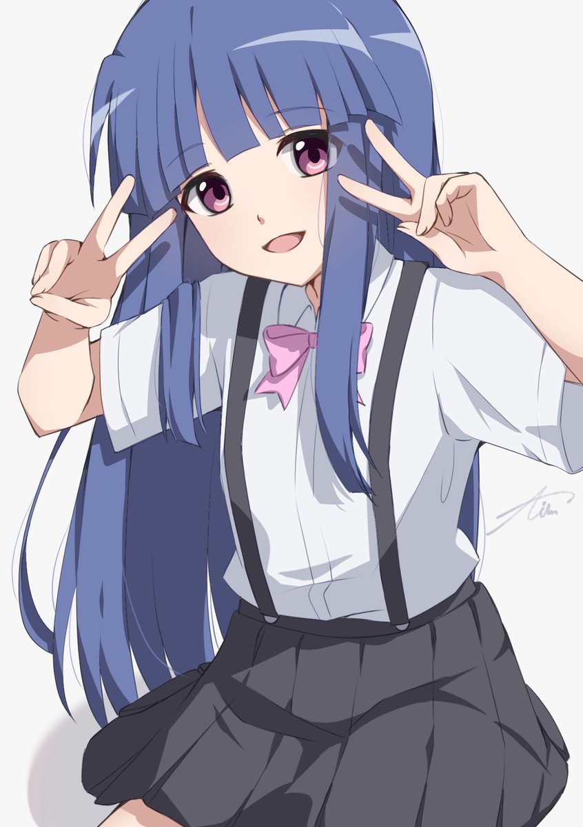 furude rika 1girl solo skirt suspenders long hair blue hair shirt  illustration images