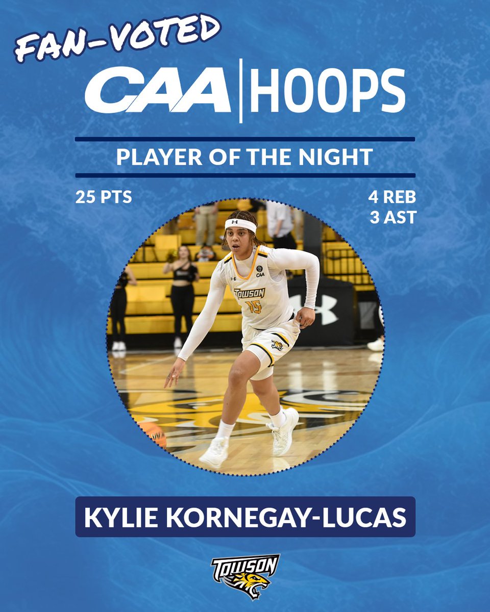 Kylie Kornegy-Lucas is the #CAAHoops Fan-Voted Player of the Night!

She lead <a href="/Towson_WBB/">Towson Women's Basketball</a> to an overtime victory over first-place Stony Brook with a game-high 25 points.
