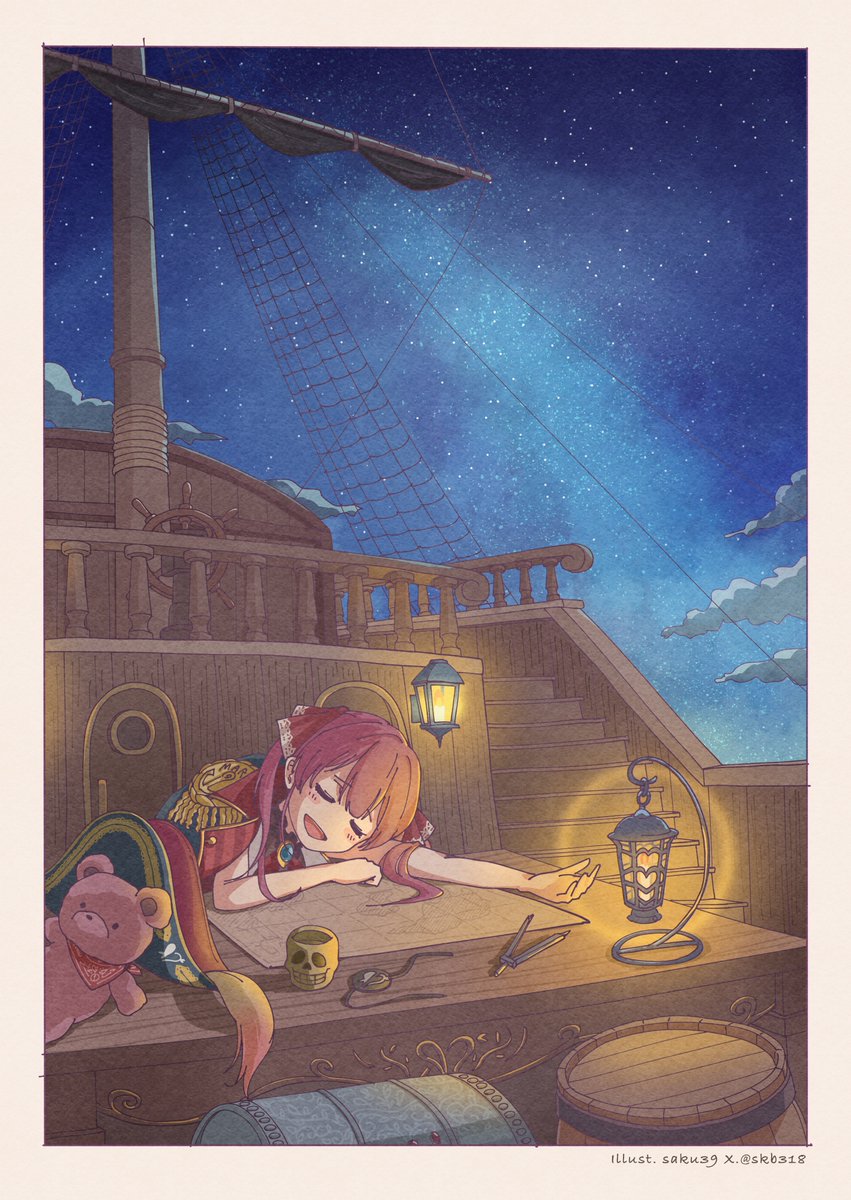 houshou marine ,houshou marine (1st costume) 1girl solo telescope sleeping red hair closed eyes twintails  illustration images