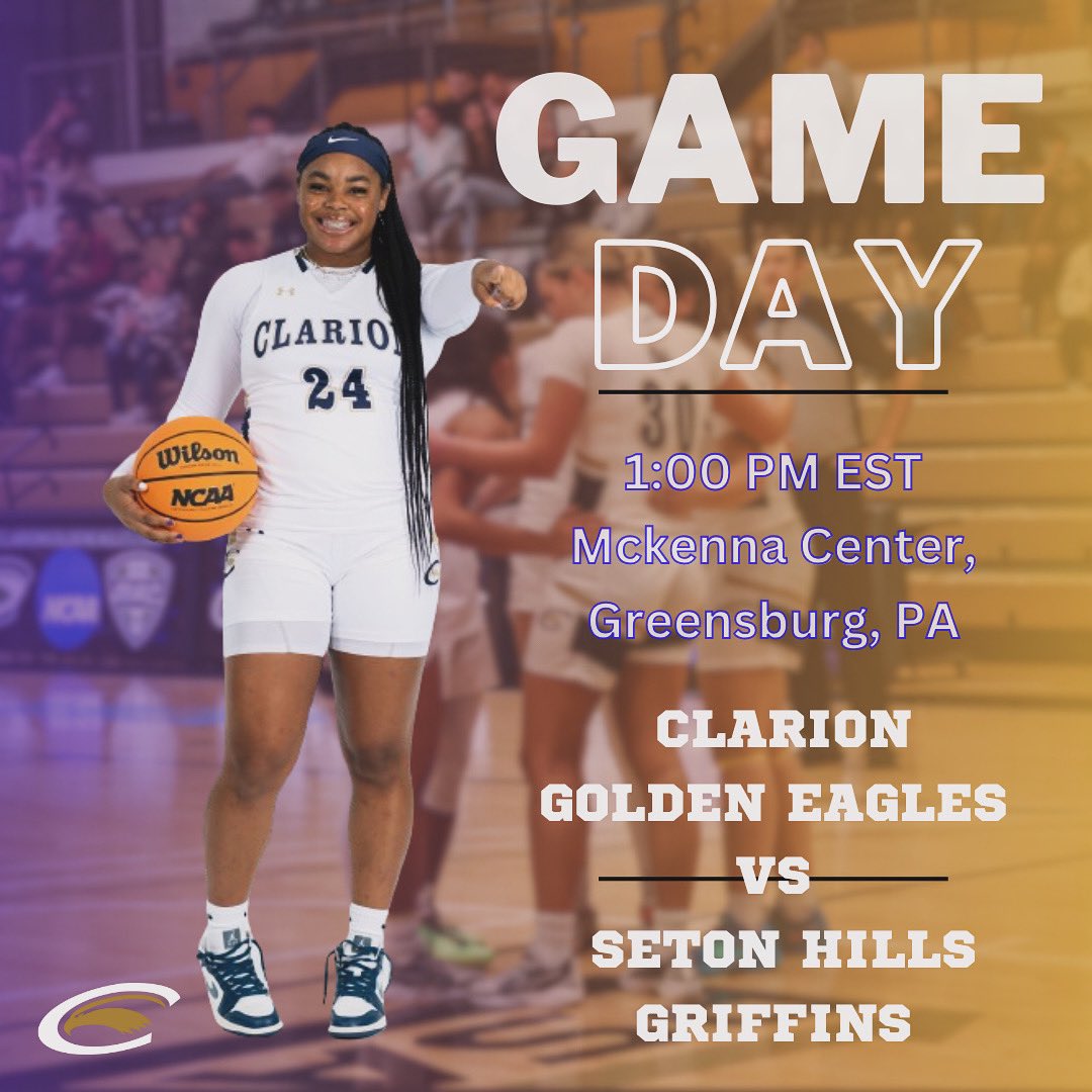 GOLDEN EAGLES ARE ON THE ROAD🟡🔵 Clarion Golden Eagles 🦅 VS Seton Hill Griffins 📍- The McKenna Center, Greensburg, PA ⏰ - 1:00 PM EST 📺 - westmorelandsports.com 📊 - athletics.setonhill.edu/sidearmstats/w… #ontheroadagain #WingsUp #GameDay #PSAC #defend #womensbasketball