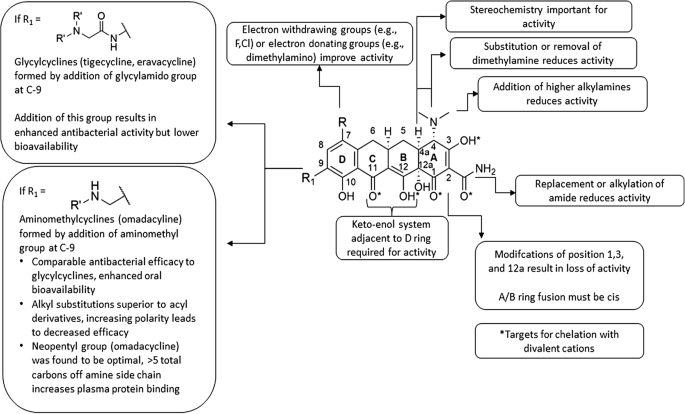 Newer generations tetracyclines (tigecycline, eravacycline, omadacycline) ⭐ Enhanced antibacterial activity due to modification at C-9 position ⭐ Bioavailability of omadacycline is higher (oral form available) because the C-9 side chain is different doi.org/10.1007/s40265…