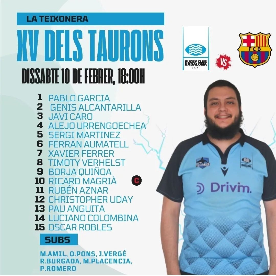 RugbyBadalona's tweet photo. 👥XV dels Taurons a la Teixonera!!⚡️
📍A les 18h, el @RugbyBadalona presenta la següent alineació per jugar contra el @avrfcb a DHC!
@rugby_cat
@ferugby @AjBadalona
@DrivimGrup
#taurons https://t.co/xSTDBCX525