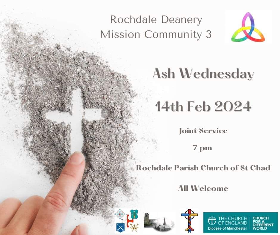 All welcome to our Mission Community Ash Wednesday service 7pm Weds 14th Feb @RochdaleStChads @BishMiddleton @stmaryinthebaum @StLukesDeeplish @RochdaleOnline @DioManchester @RochdaleCouncil