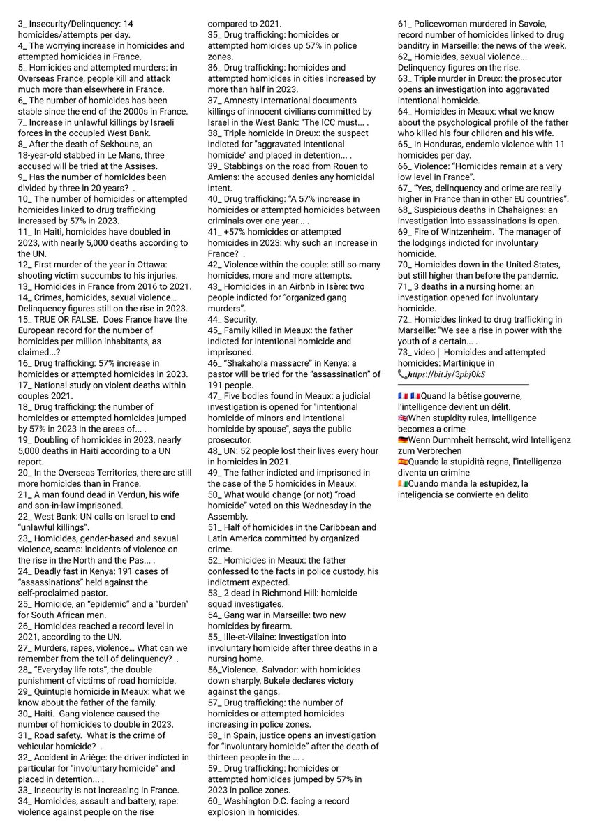 👇👀 #TitlesPressInfos
 Les #HOMICIDES en #Macronie 👍
 bit.ly/3hzWa2l
🎲 #QUIMPER #VILLEURBANNE #ROUBAIX #SARTROUVILLE #BEZONS #DUNKERQUE #MONTPELLIER #TOULON #CREIL #SEVRES #MONTFERMEIL #MULHOUSE #BRON #RAMBOUILLET #SOISSONS #LAMADELEINE #MONTCEAULESMINES #FORBACH