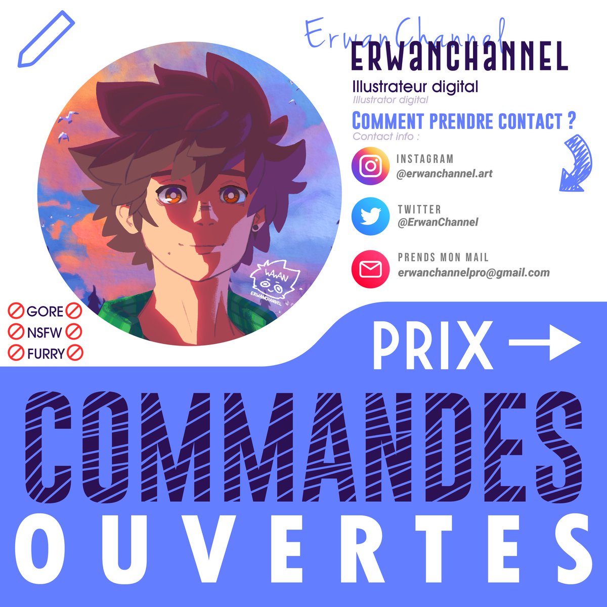 ErwanChannel's tweet image. [REPOST]

📢 OYÉ OYÉ !
Je suis OFFICIELLEMENT un ILLUSTRATEUR en freelance ! 
Je suis donc PROFESSIONNEL LET&apos;S GOOOO ! 
Ce qui annonce à ce jour que mes commandes sont ouvertes DÉFINITIVEMENT YEAHHHHHH

(voici un PETIT thread de mes fiches)