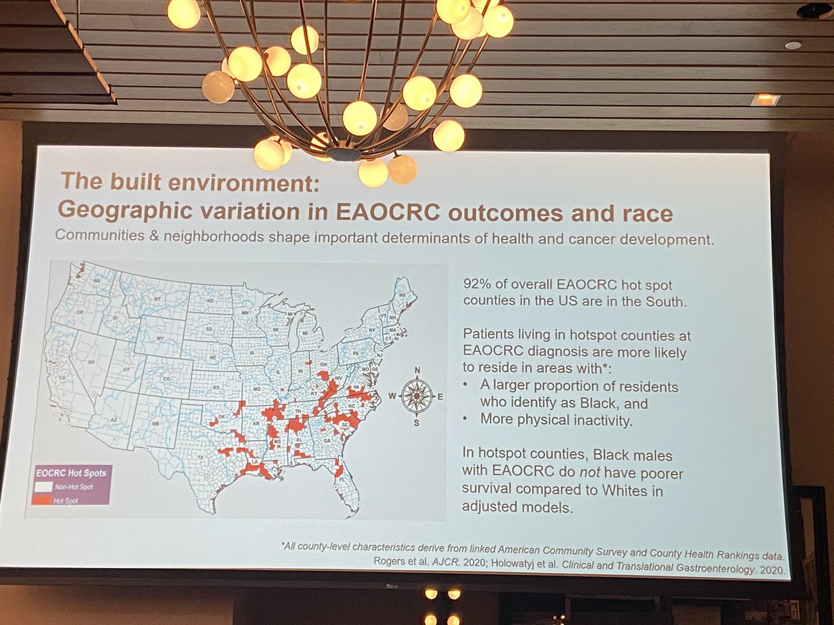 Health disparities are an issue in #colorectalcancer. Eye opening listening to @drholowatyj discuss some of the contributing factors at @ColonCancerFdn EAO-CRC Summit. Living in Texas I was sad to see that 92% of overall EAOCRC hot spot counties in the US are in the South! #crcsm