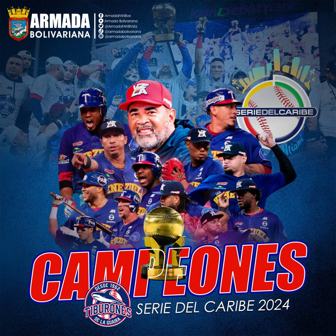 🇻🇪¡Viva Venezuela!🇻🇪 Felicitaciones a Los Tiburones de La Guaira, Campeones de la Serie del Caribe 2024, grandioso equipo que logró está hazaña histórica, obteniendo el Título Caribeño. Venezuela en Alto con tan excepcional partición. #SerieDelCaribe2024 @NicolasMaduro