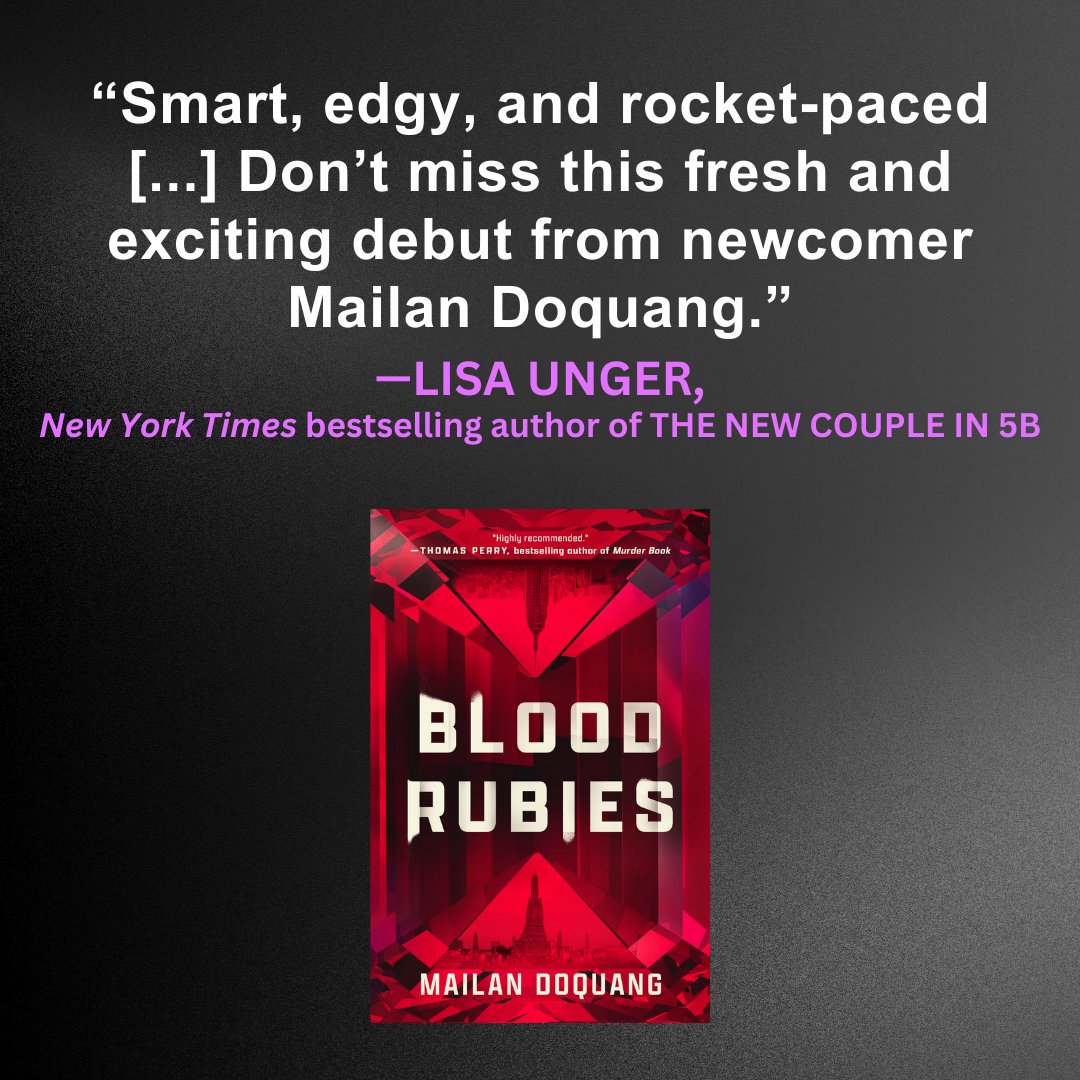 So grateful to New York Times bestselling author @lisaunger for her kind words for BLOOD RUBIES🙏 I'm a huge fan of hers!❤️ #itwdebuts @TheMysterious @MysteriousPress @lizaroyceagency