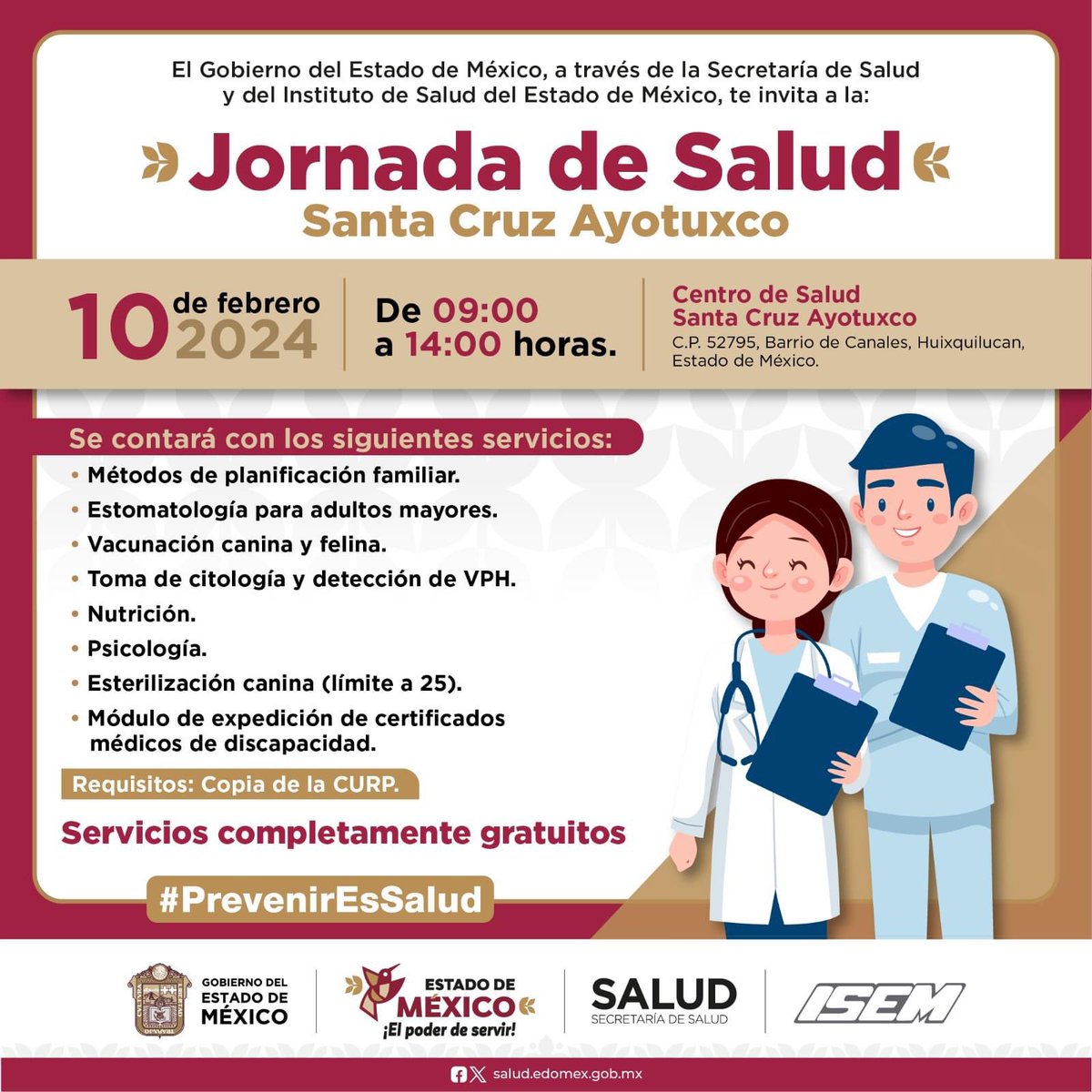 SaludEdomex's tweet photo. 🚨 #QueNoSeTePase | Recuerda que hoy nuestra #JornadaDeSalud estará en #Huixquilucan, en el Centro de Salud Santa Cruz Ayotuxco. 
Encontrarás servicios gratuitos como planificación familiar, vacunación canina y felina, nutrición, psicología entre otros. 
Te esperamos ¡No faltes! https://t.co/mplRQf75Rn