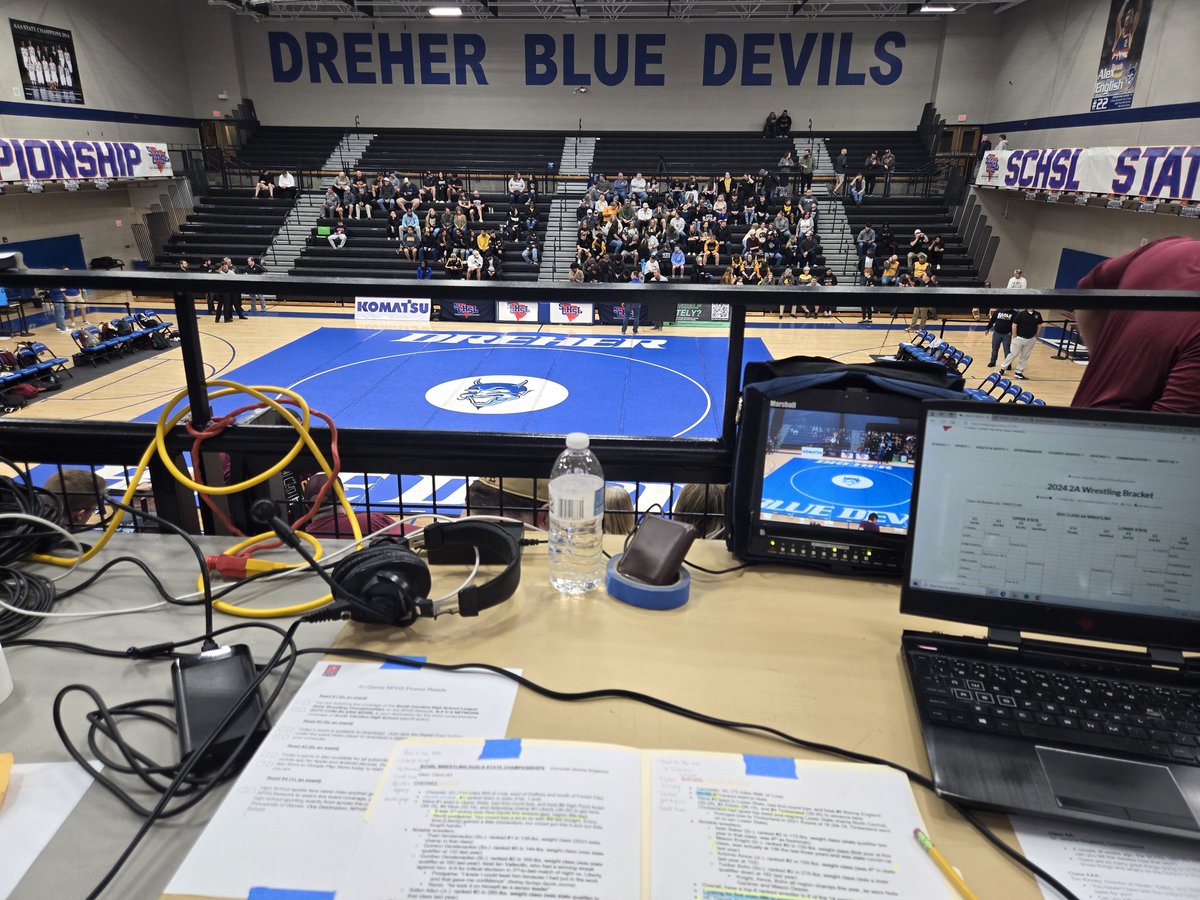 Back #InTheBooth at Dreher for the <a href="/SCHSL/">SCHSL</a> Wrestling Duals State Championships! <a href="/TylerGPerrone1/">Tyler G Perrone</a> and I have the call of the 2A and 3A finals for you at 10 and 12, then <a href="/TCuppRadio/">Tyler Cupp</a> comes out of the bullpen for me for 4A and 5A at 3 and 5. Join us all day <a href="/NFHSNetwork/">NFHS Network</a>!