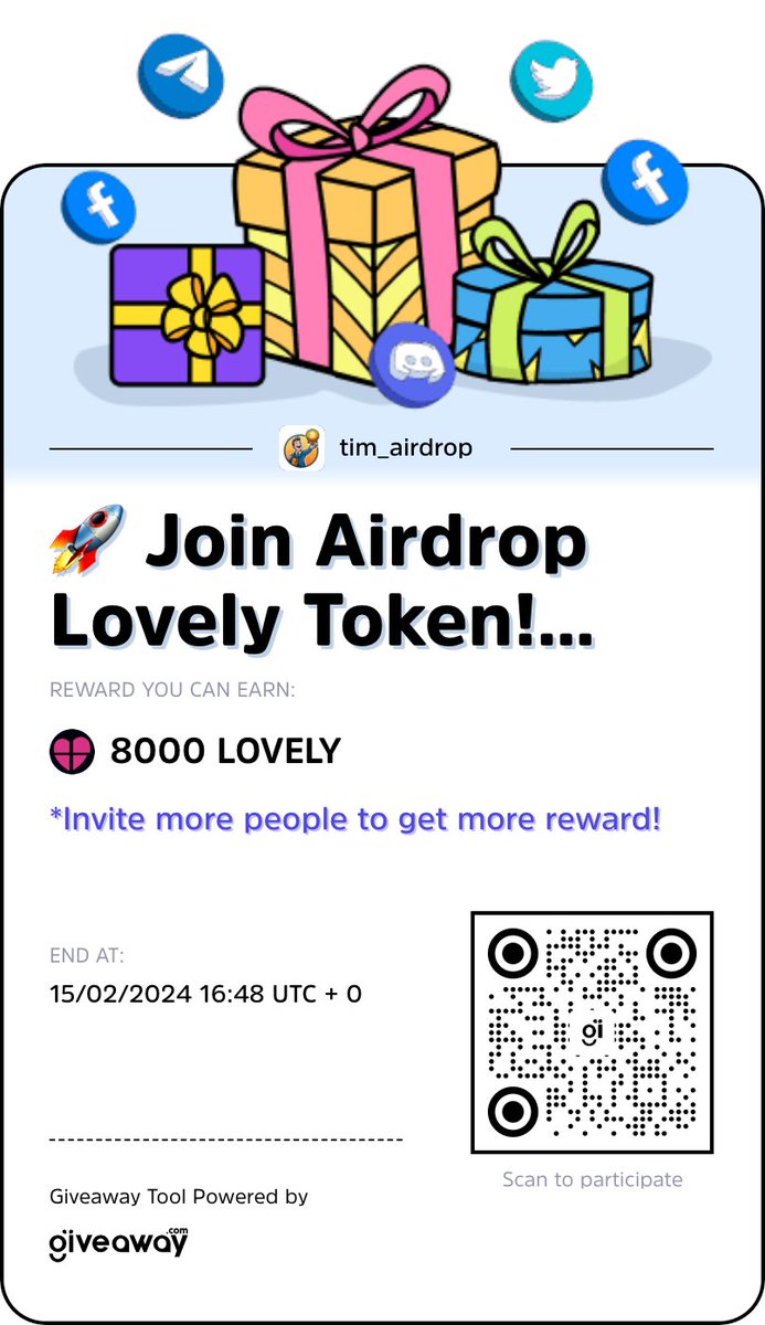 tim23qa's tweet photo. Very excited to announce the giveaway 🚀 Join Airdrop Lovely Token! Valentine February 10th- 14th, 2024 🎁💯 100 lucky winners🚀 on @Giveaway_HQ, click the link below to participate and win “8000 LOVELY”!
#FairDraw #airdrop #giveaway #cctip #cwallet
https://t.co/vcyfptuWRY https://t.co/CHAvMitwdu
