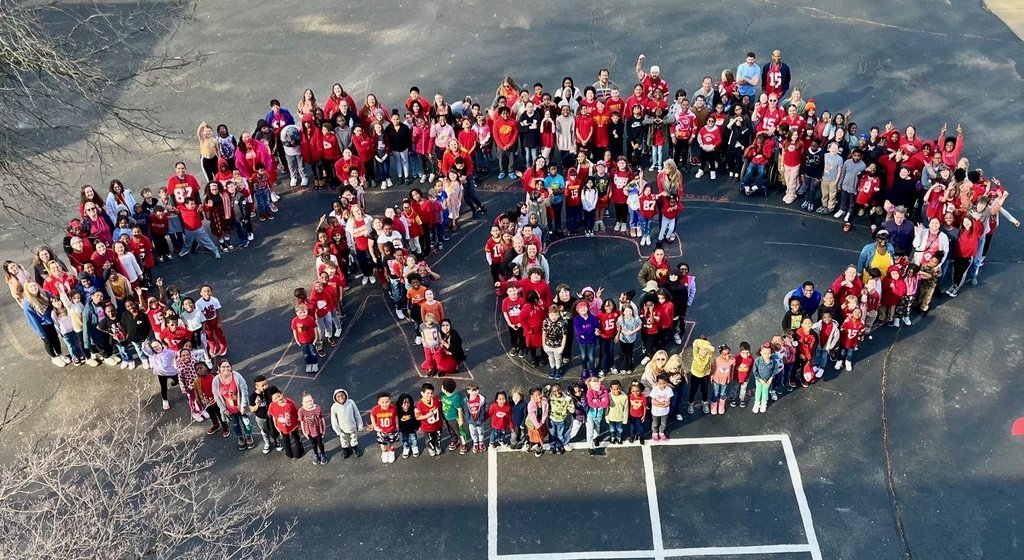 The staff and students at Boone Elementary are ready for Super Bowl weekend, forming a KC arrowhead on the playground on Friday! Go Chiefs!!!