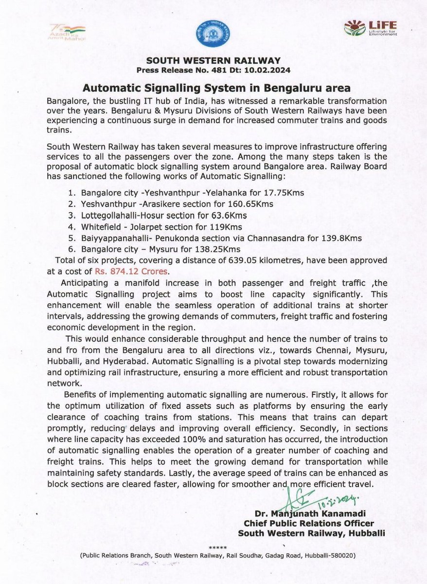 #BreakingNews More train services can be run in future to and from Bengaluru the directions towards Mysuru, Hubballi, Hyderabad and Chennai routes. Automatic signalling sanctioned for Rs 874.12 cr in six routes in and around Bengaluru for 639 kms. Details: @NewIndianXpress…