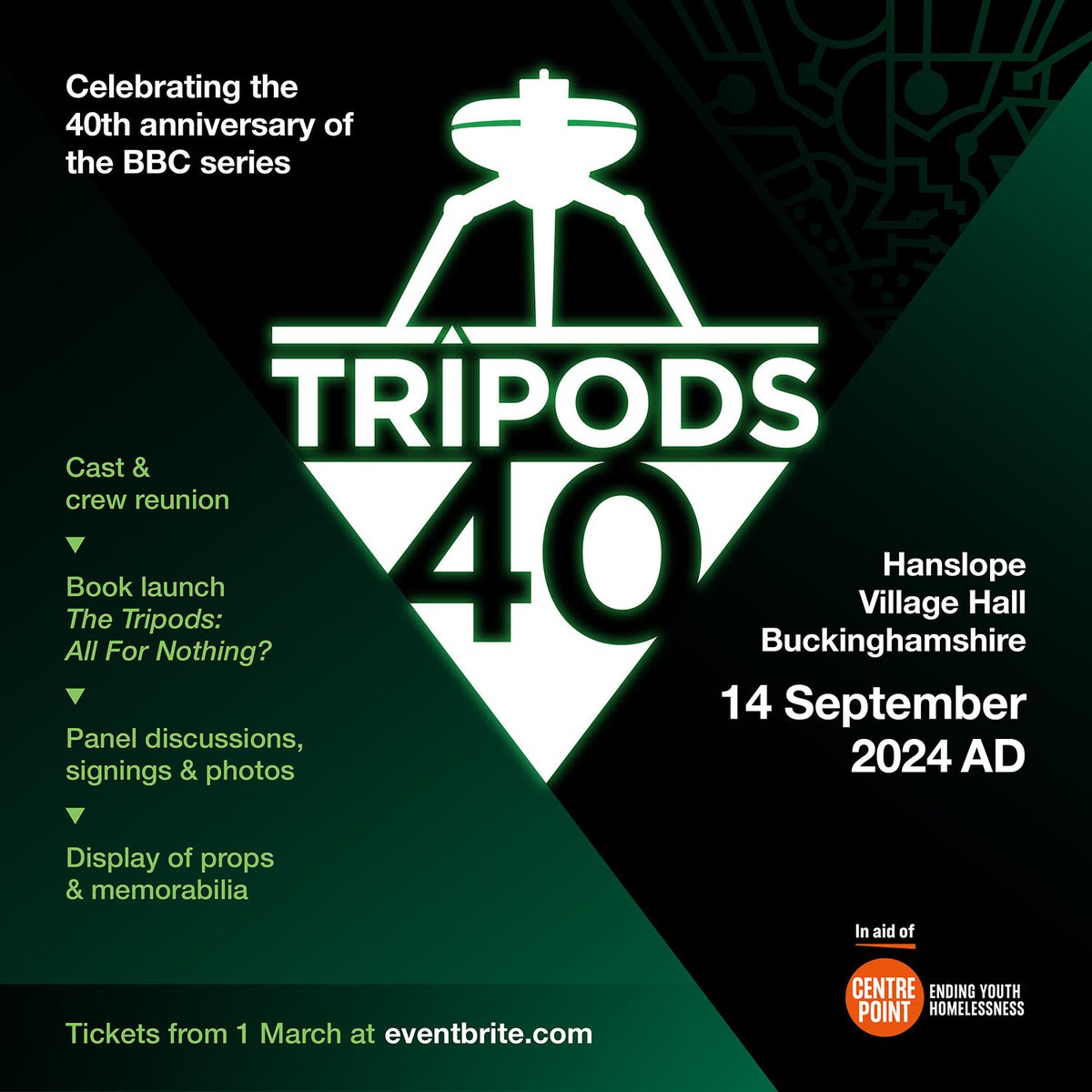 To celebrate the BBC's classic sci-fi series THE #TRIPODS 40th anniversary, there will be an intimate event involving cast, crew &amp; fans on 14 September 2024, including panel discussions, photos, signings &amp; more. Very limited ticket sales from 1 March.