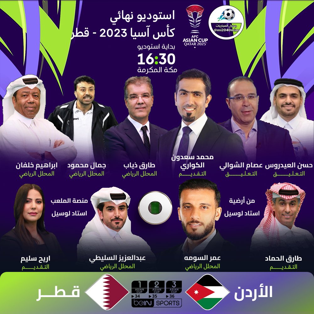 mi2040mim's tweet photo. #أستوديو_آسيا من قلب الحدث تغطية خاصة من ستاد لوسيل ، للقاء النهائي قطر x الاردن على beIN Sports Asian 1 / 2
16:30 توقيت مكه

تقديم : محمد سعدون الكواري
تحليل : إبراهيم خلفان / طارق ذياب / جمال محمود
تعليق : عصام الشوالي / حسن العيدروس

ومن أرضية الملعب 
تقديم : طارق الحماد
تحليل : عمر السومه

ومن منصة الملعب
تقديم : أريج سليم
تحليل : عبدالعزيز السليطي