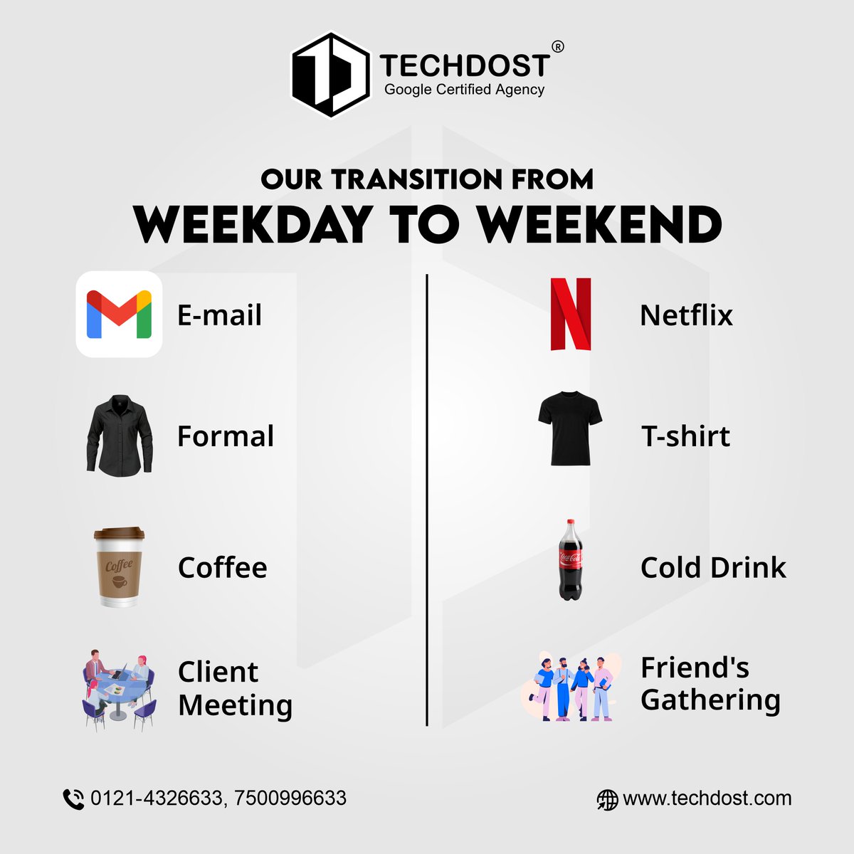TechDost's tweet photo. Weekday Work Mode ➡️ Weekend Fun Mode!🎉🌟
.
.
#TechDost #TechDostServices #Vedmarg #DigitalMarketing #DigitalMarketingCompany #SEOCompany #PPCServices #GraphicDesigning #SMOServices #WebsiteDesigning #MobileAppDevelopment #WeekdayToWeekend #DigitalMarketingMagic https://t.co/95IQTsyCYJ