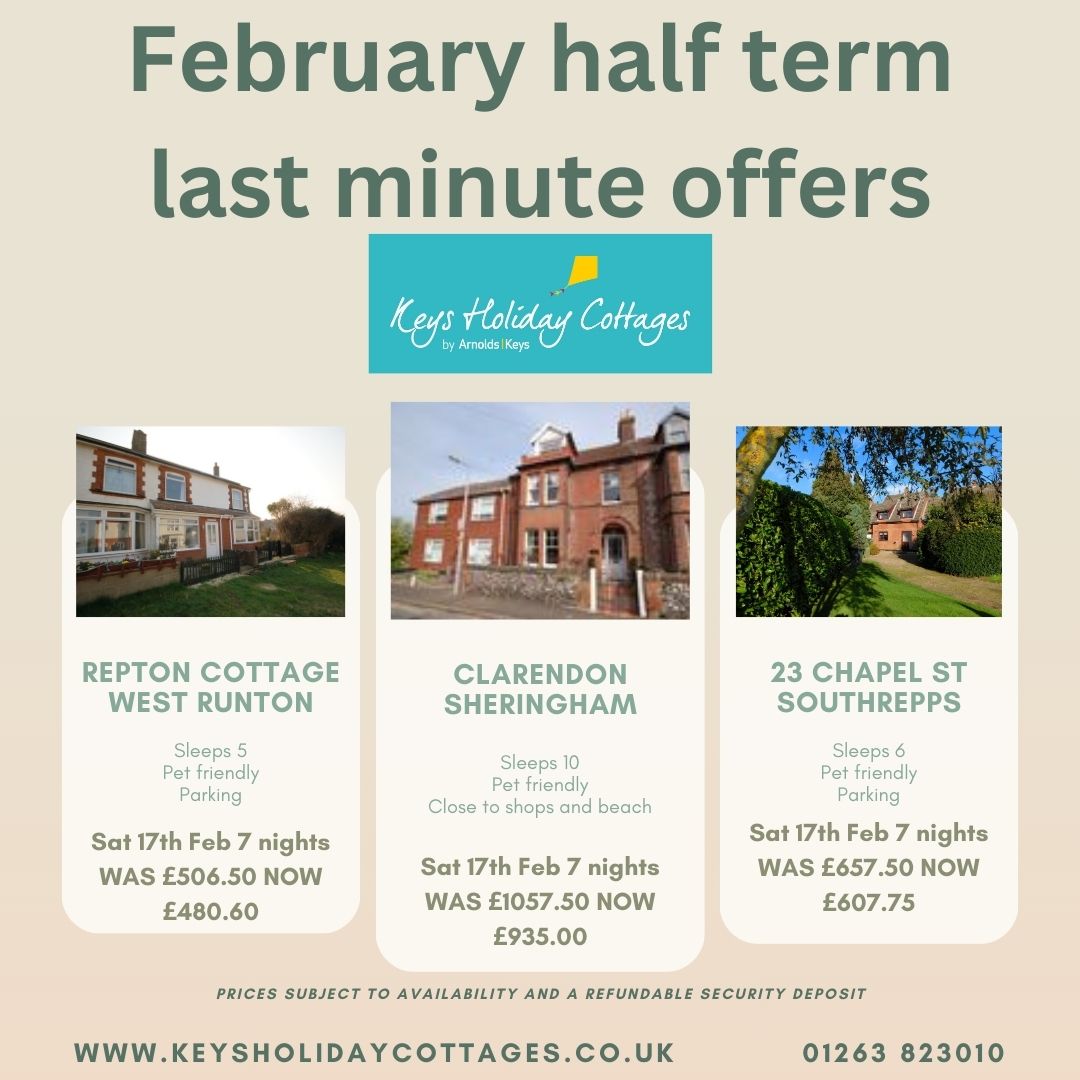 CottagesKeys's tweet photo. @KeysHolidaysUK Looking for a last minute half term break this February in North Norfolk? We have a few last minute offers available, visit our website for more: https://t.co/TBOPEaDhmF or call us on 01263 823010. https://t.co/U4UvnRbRpq