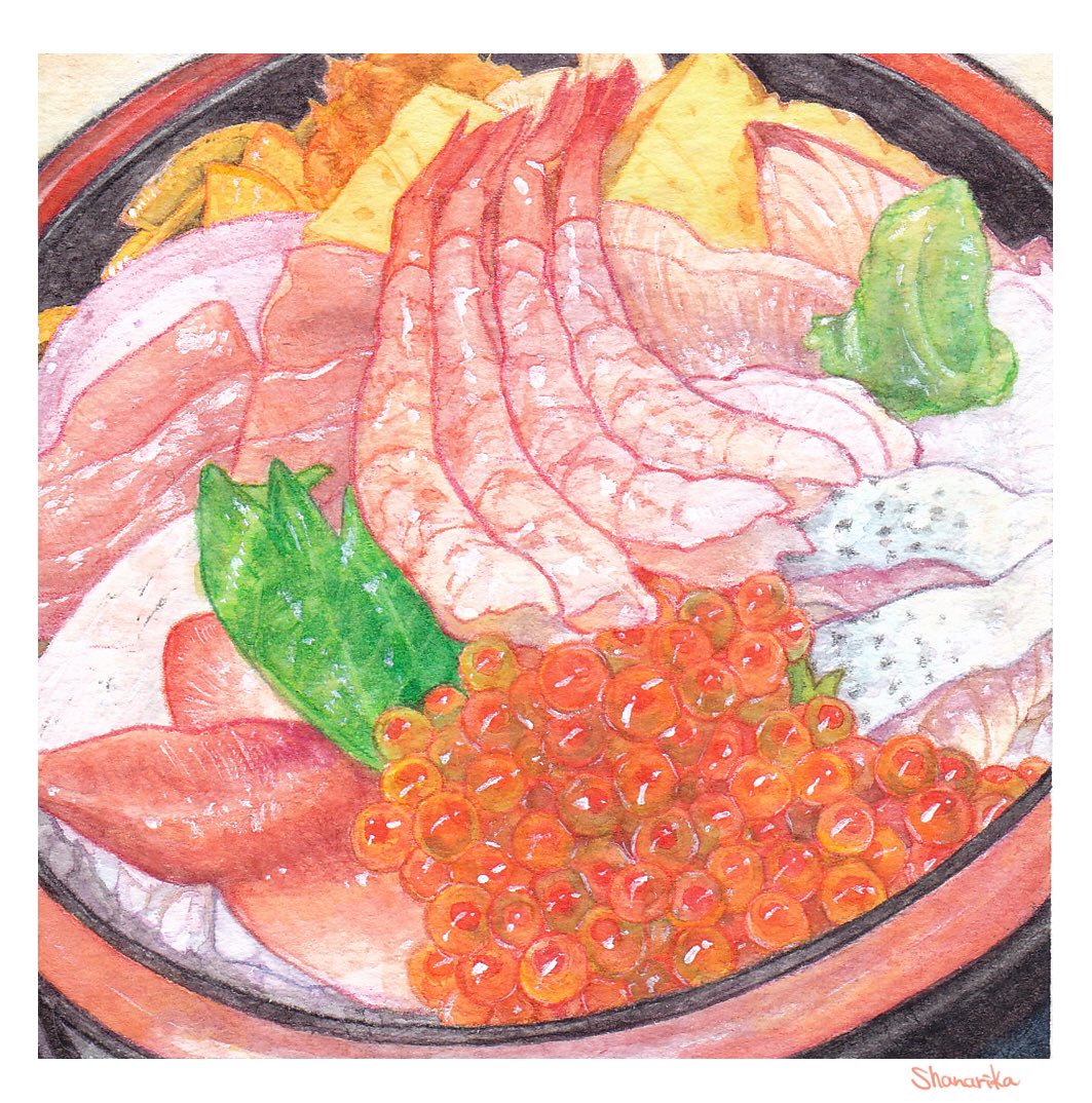 「うつろう彩のテーマ展の時に描いたラーメンと海鮮丼、ミニ原画をずっと心に留めていて」|しゃなりかのイラスト