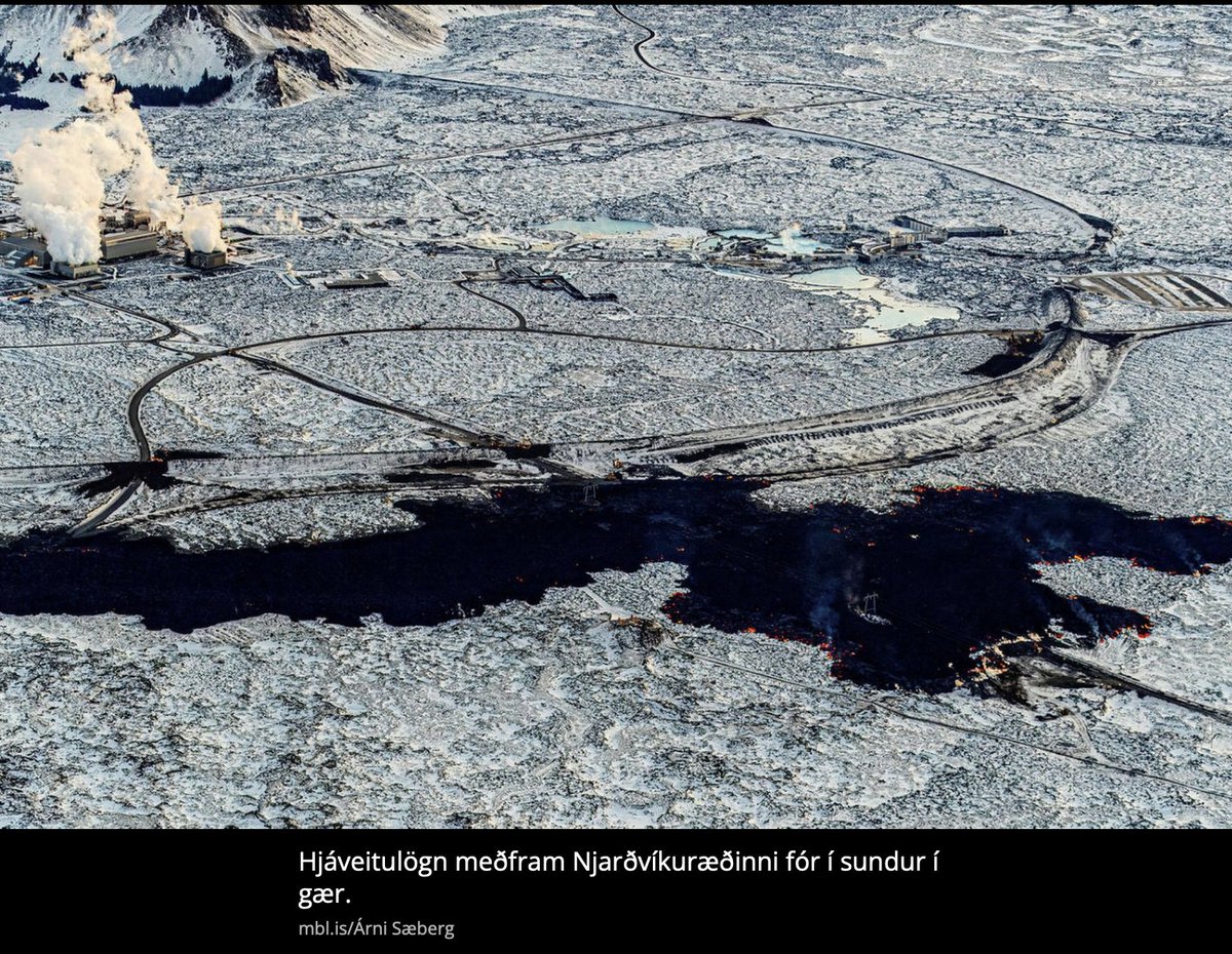 nannaro's tweet photo. Here you can see how close the lava flow is to the Blue Lagoon and the geothermal plant. It severed the hot water pipes so now 25,000 people are without water to heat their homes. There is a plan to construct a new pipe through the 2-day old fiercely hot lava. #volcano #eruption https://t.co/9q0rVF54h2