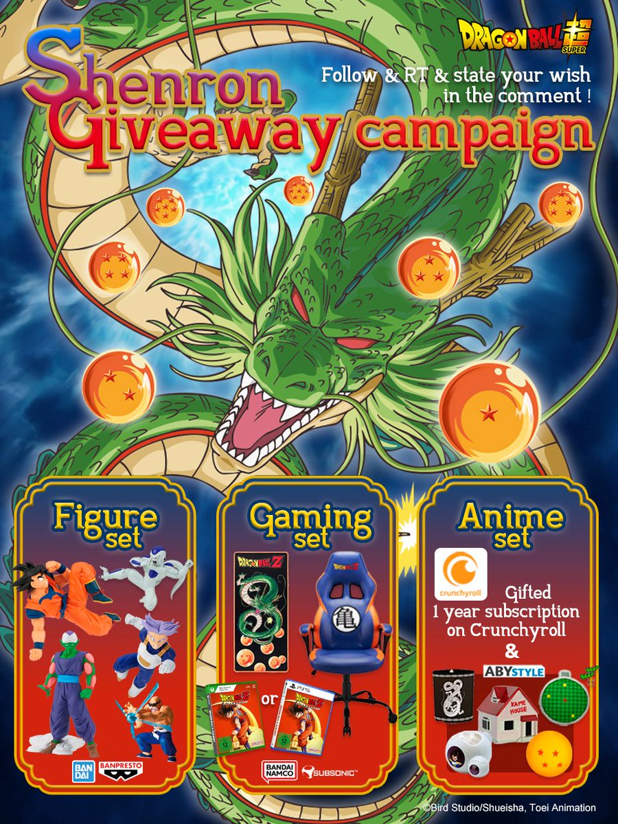 🐉 Shenron Giveaway Campaign 🐉 'Now, state your wish.' It's your turn to make your wish come TRUE😎 How? 1️⃣ Follow @ToeiAnimationEU 2️⃣ RT this tweet 3️⃣ Comment on which one you want to win! What would you ask Shenron?🤩 🎁 1. Figure set : Banpresto (Goku, Freezer, Trunks,…