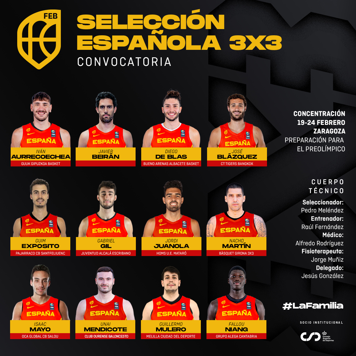 🚨 OFICIAL | Doce jugadores para trabajar en la ‘Ventana’ de febrero con la #SelMAS3x3 🇪🇸

#LaFamilia #SomosEquipo