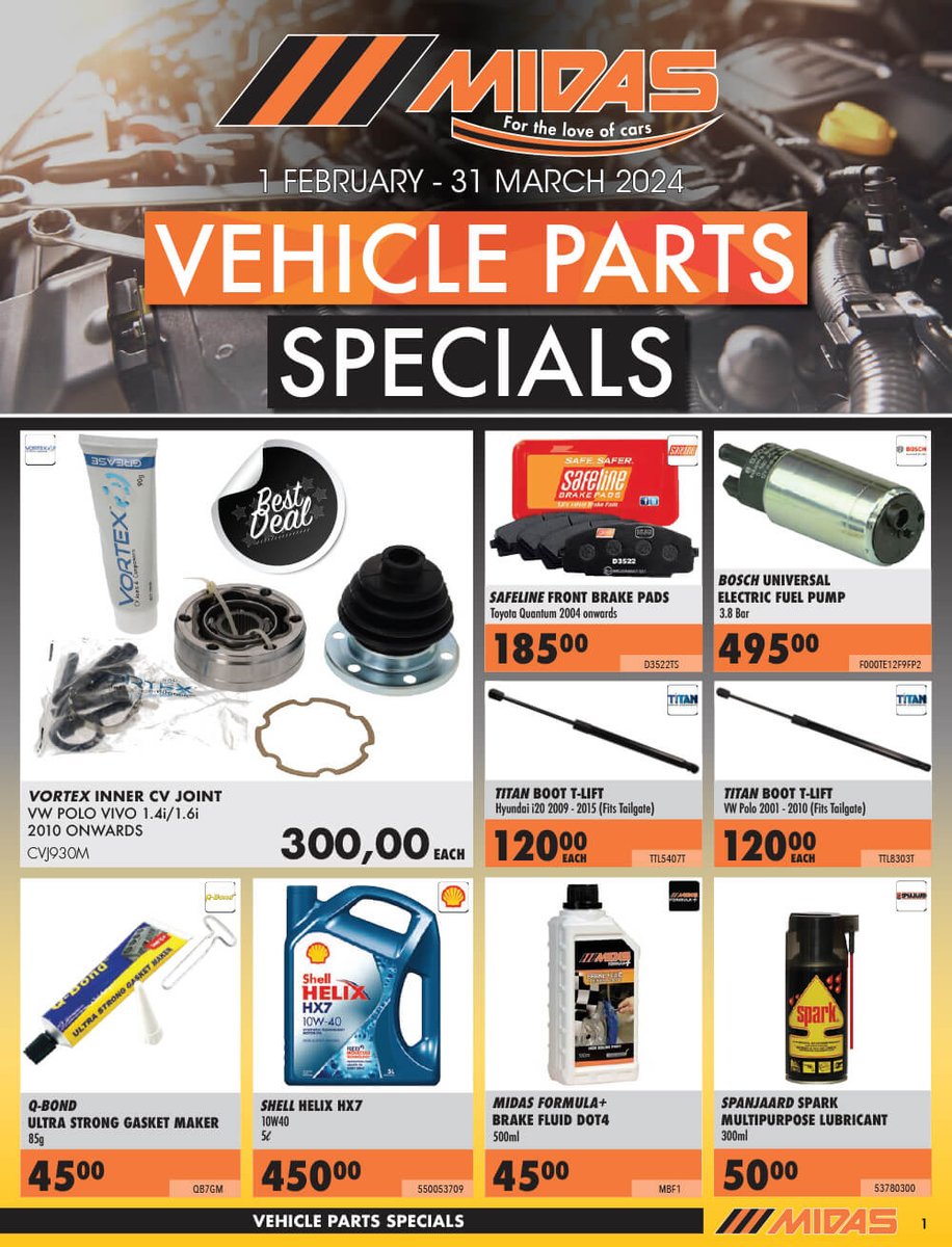 RandburgMidas's tweet photo. 🚗🛍️ Gear up for unbeatable savings on auto parts! 

Our 𝕍𝔼ℍ𝕀ℂ𝕃𝔼 ℙ𝔸ℝ𝕋𝕊 ℙℝ𝕆𝕄𝕆𝕋𝕀𝕆ℕ is back, and it's better than ever! ⚙️🔥 

🗓️ 𝐕𝐚𝐥𝐢𝐝: 1st February - 31st March 2024 

#AutoPartsPromo #LimitedTimeOffer https://t.co/Evi9bn5CBc