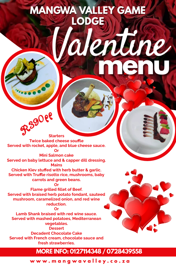Mangwa Valley Game (@gmmangwa) on Twitter photo ❤️Mangwa is celebrating the Month of Love❤️
❤️Month of Love Deals❤️
• R2500,00 pn DBB per Couple
• 14 Feb and 16 Feb Plated Dinner R390.00 pp 3-course meal.
Day Visitors are most welcome
Info@mangwavalley.co.za
0728439558
Whatsapp wa.me/message/IBK3TU… ❤️Mangwa is celebrating the Month of Love❤️
❤️Month of Love Deals❤️
• R2500,00 pn DBB per Couple
• 14 Feb and 16 Feb Plated Dinner R390.00 pp 3-course meal.
Day Visitors are most welcome
Info@mangwavalley.co.za
0728439558
Whatsapp wa.me/message/IBK3TU…