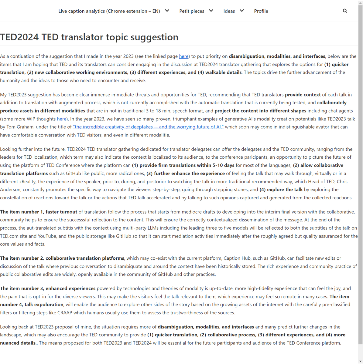 LearningengAki's tweet image. My wish for #TEDConference about #TEDTranslators gathering at #TED2024 to accelerate TED to serve the world with more talks to maximize the power of ideas.
akinorioyama.com/ted2024-ted-tr…
Mainly by faster translation,collaborative process,x-experiences &amp;amp; walkable details, &amp;amp; ones in 2023.