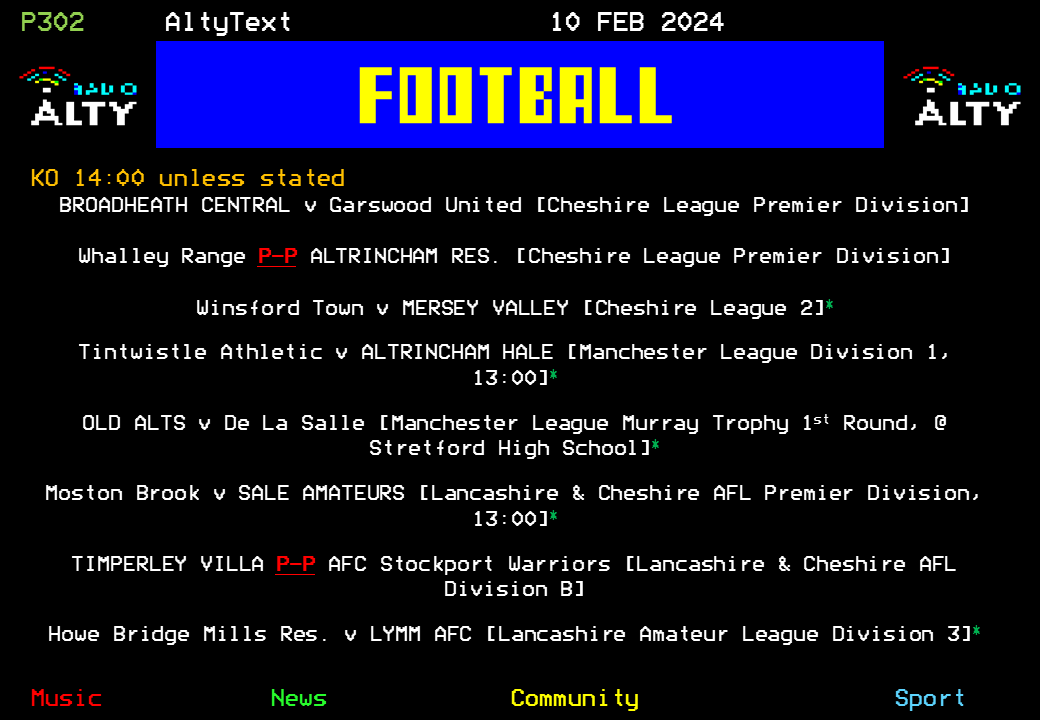 RadioAlty's tweet photo. #AltyText - Football.; Here's today's relatively full fixture lineup for @bcfc1922, @MVFC1stTeam, @Old_Alts, @SaleAmateursFC and @LymmAFC. Broadheath Central's game is confirmed on, with the green stars on other games indicating a game on 3/4G. #RadioAltySport https://t.co/PvU1zjwCpQ