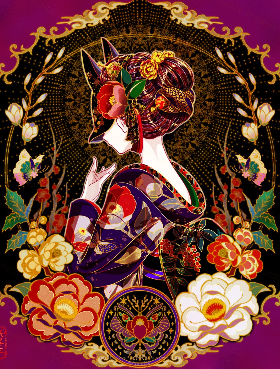 1girl flower solo hair ornament japanese clothes hair flower mask  illustration images