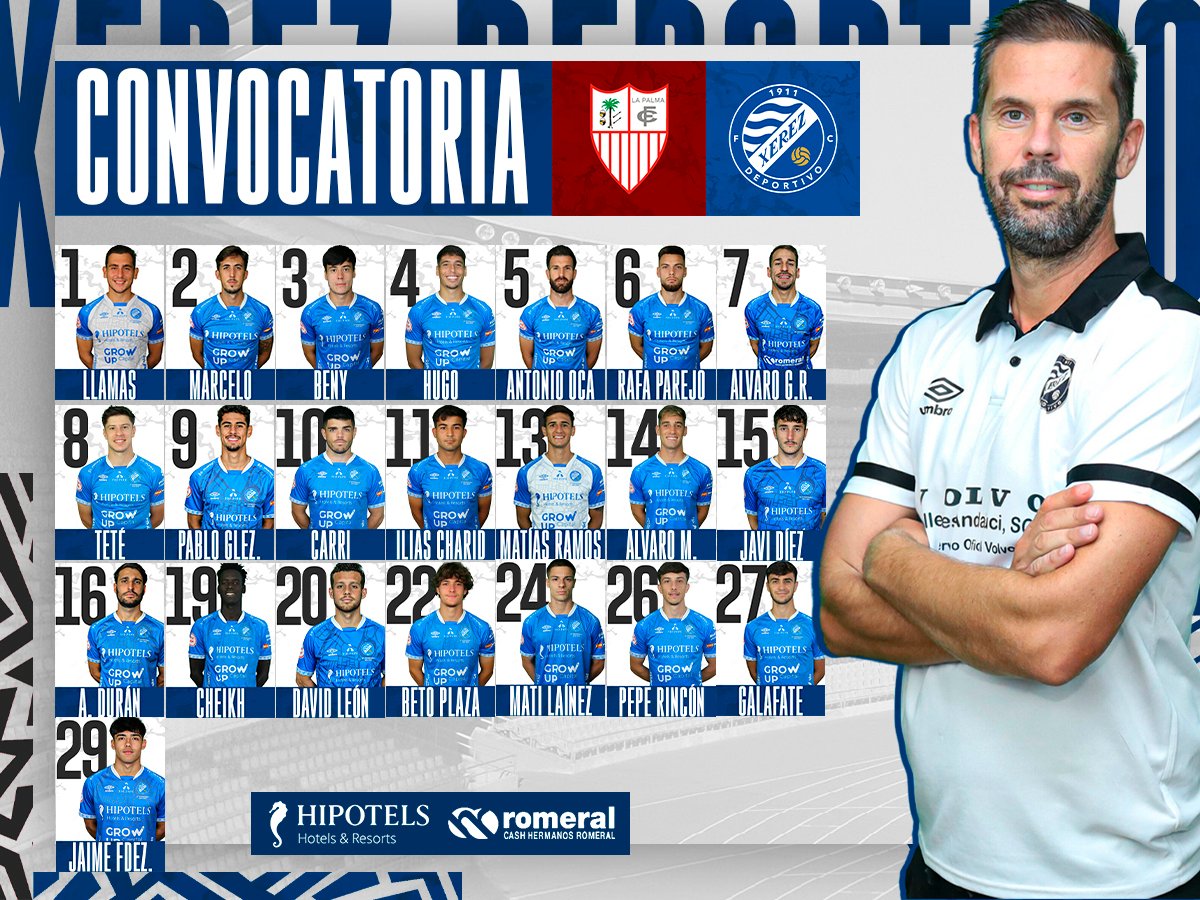 XerezDFC's tweet photo. CONVOCATORIA 📋 | #LaPalmaXerez

✅ Toda la plantilla viaja a tierras onubenses a este trascendental partido porque 𝐉𝐮𝐧𝐭𝐨𝐬 𝐒𝐨𝐦𝐨𝐬 𝐌𝐚́𝐬 𝐅𝐮𝐞𝐫𝐭𝐞𝐬

#LibreYNuestro https://t.co/72sJLVXUtu