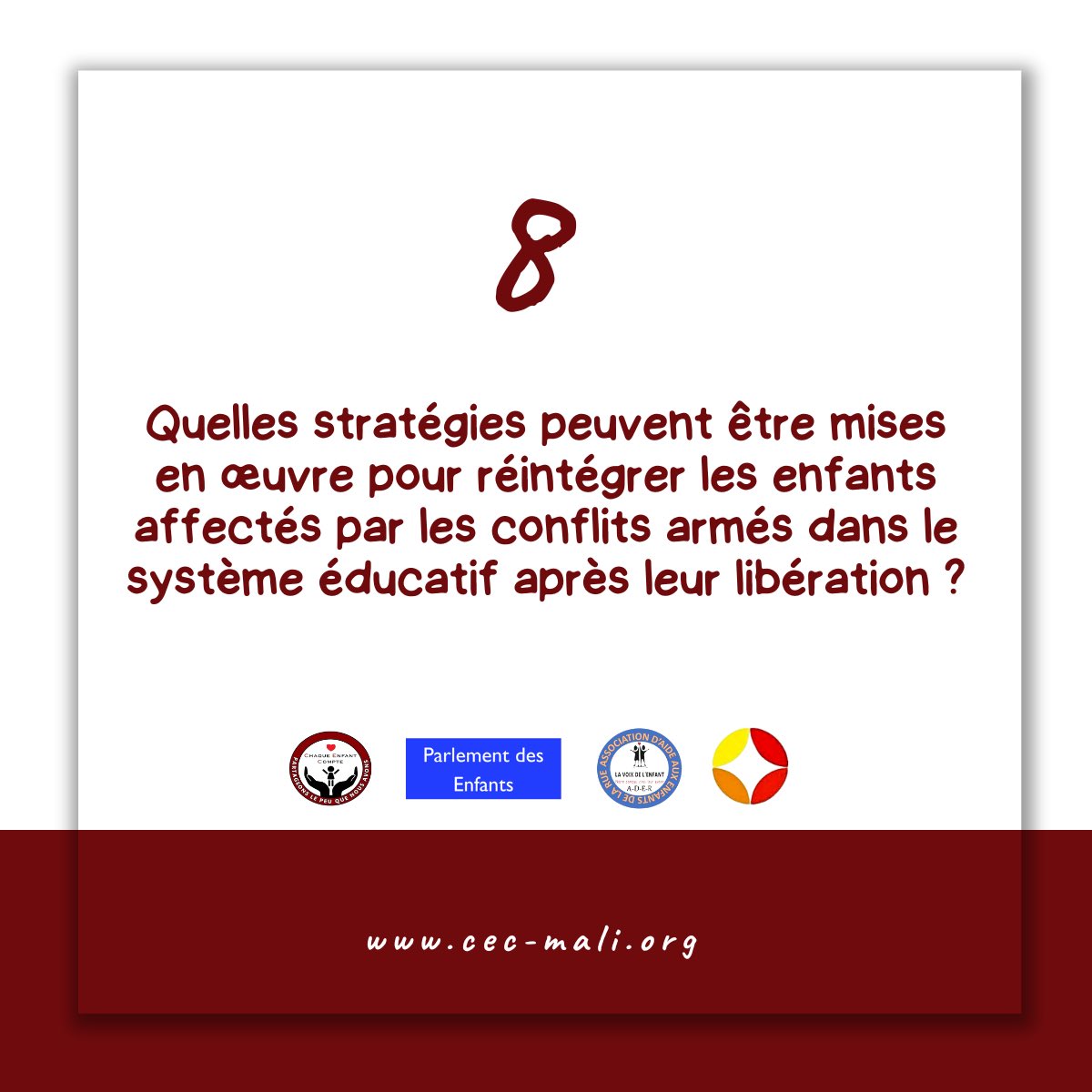 _BeldexCoin's tweet photo. 8. Quelles stratégies peuvent être mises en œuvre pour réintégrer les enfants affectés par les conflits armés dans le système éducatif après leur libération ?
#Protegerlesdroitsdesenfants
#12fevrier
#chaqueenfantcompte https://t.co/o9AS8MCH8H