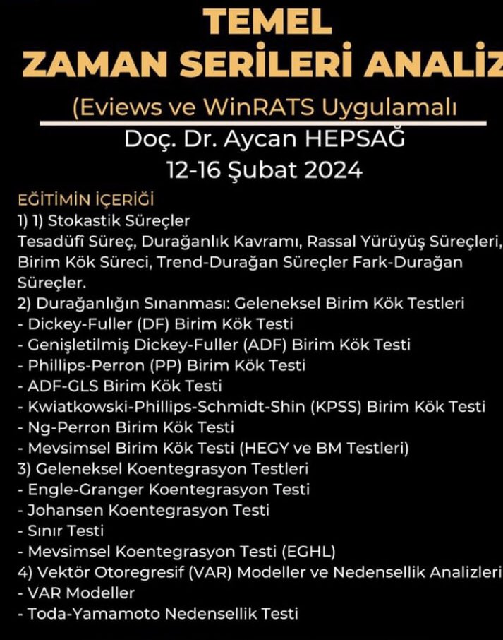 Temel Zaman Serileri Analizi eğitimini 12-16 Şubat tarihleri arasında gerçekleştiriyorum. Eğitime ait içeriğe görselden ulaşılabilir. Daha fazla bilgi ve kayıt için👇🏻 docs.google.com/forms/d/e/1FAI…