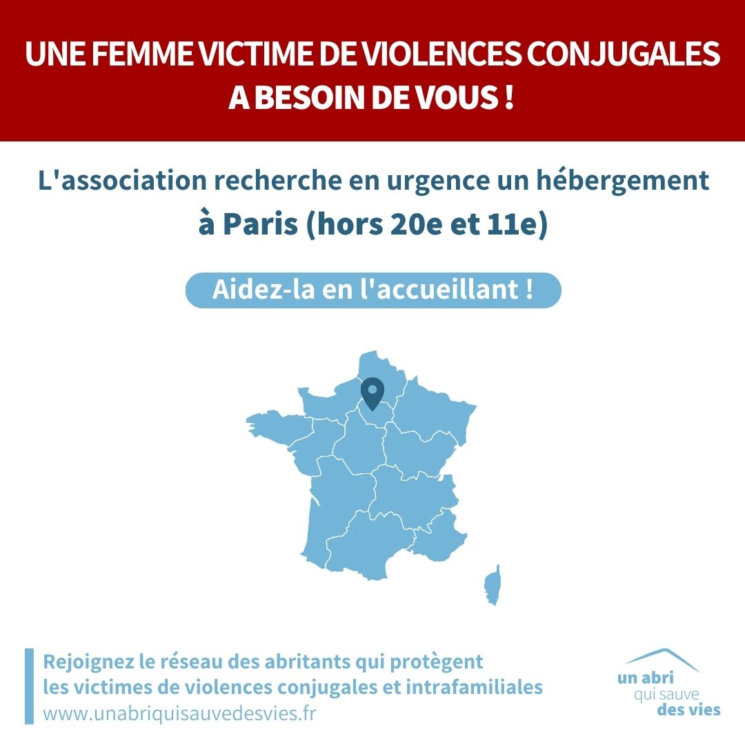 ⚠️ URGENCE #VIOLENCESCONJUGALES ⚠️

Un abri qui sauve des vies recherche un lieu sûr pour héberger en urgence une femme à 📍 #Paris (75), hors 20e et 11e.

Pour l'aider, vous pouvez l'accueillir. La durée est déterminée selon vos disponibilités.

Merci de partager 🙏