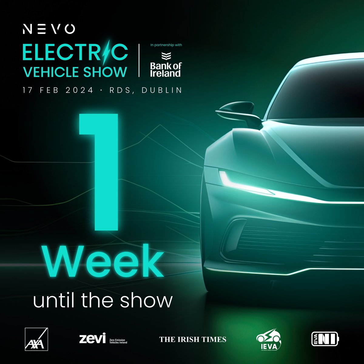 We're now just 1 week to go until the Nevo Electric Vehicle Show! ⚡ 🔗 Get your free ticket: nevo.ie/electric-vehic… 📍Saturday, 17th February, in the RDS Dublin. #nevoevshow #electricvehicles #nevo @talktoBOI @AXA_Ireland @IrishTimes @IEVAsso @nievowners @ZEVIreland